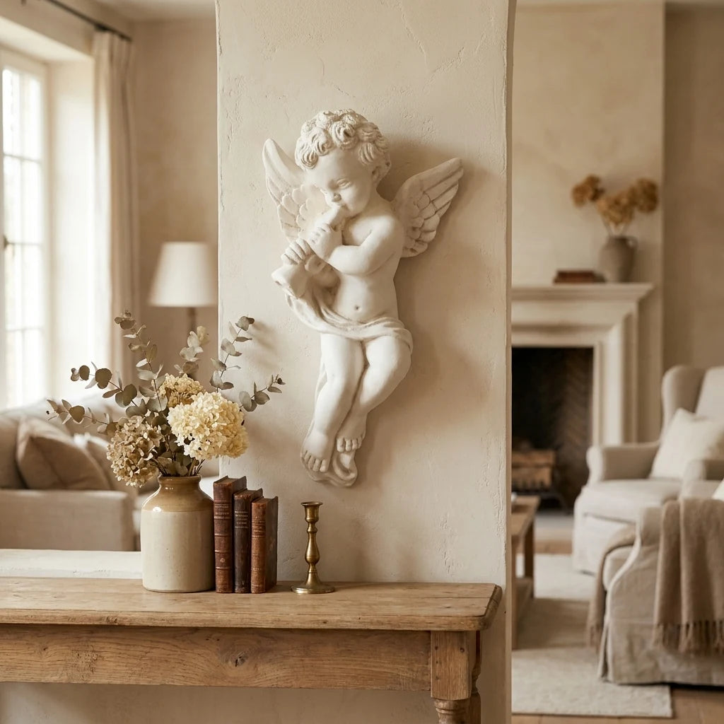 Ange chérubin en plâtre mis en scène sur un mur d'intérieur — ART STAFF
